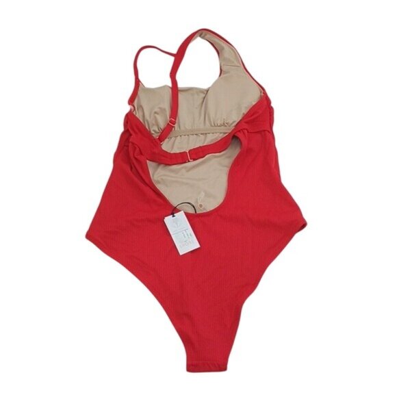 Shade & Shore Swimsuit Red One Piece Ribbed Asymmetrical One Shoulder Size M - Picture 5 of 9